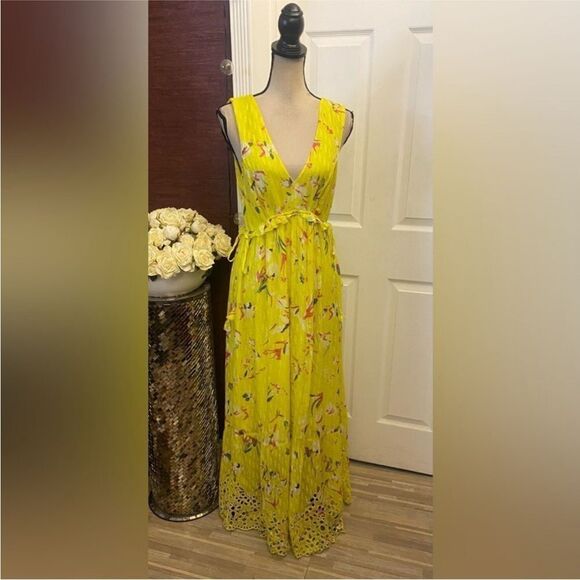 Tanya Taylor silk/cotton Yellow V-Neck Sleeveless Maxi  eyelet Sundress, US4 - Picture 4 of 14